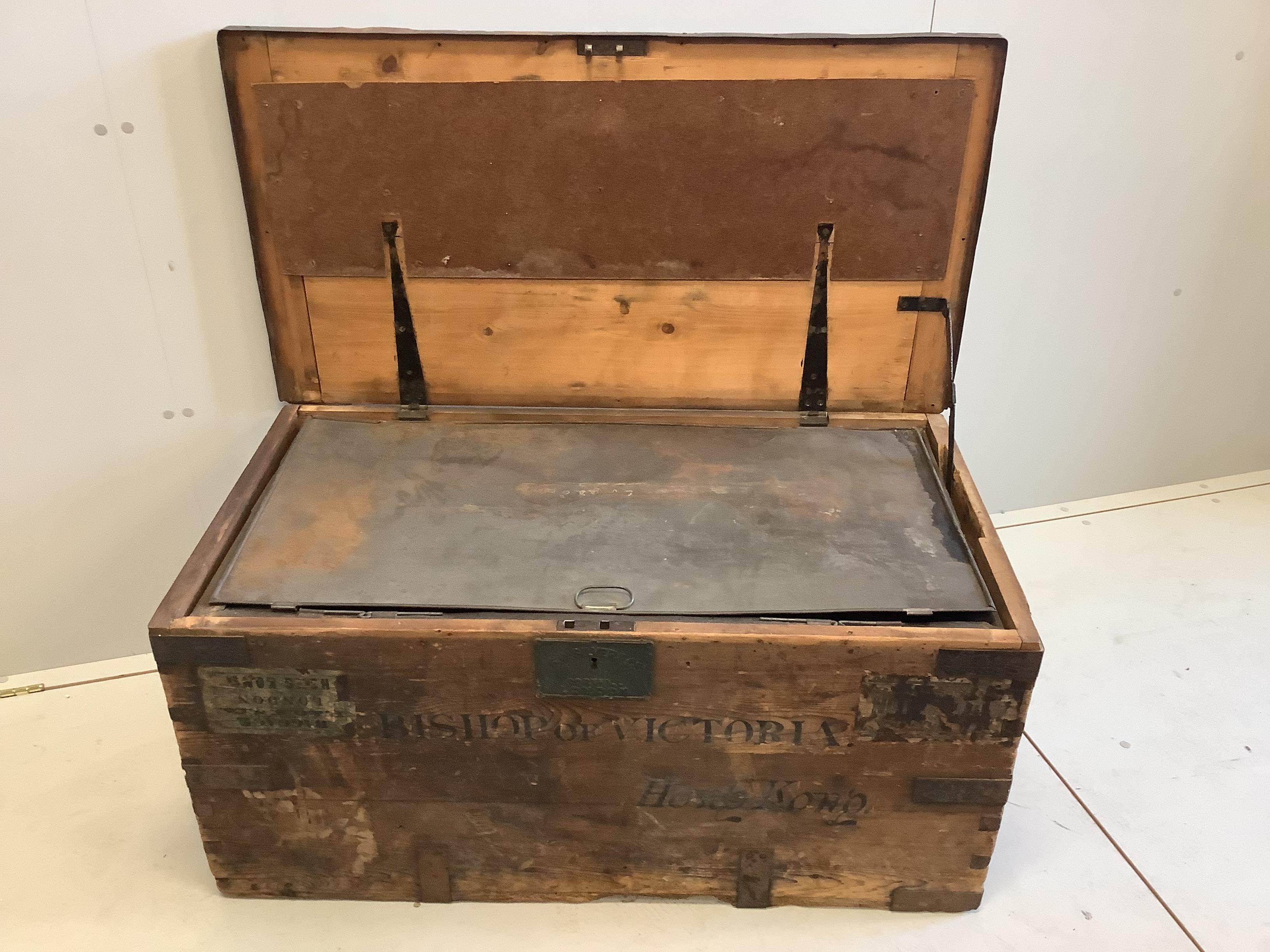 A Victorian iron bound pine trunk, Bishop of Victoria, made by SW Silver & Co, Cornhill, London, width 103cm, depth 55cm, height 49cm